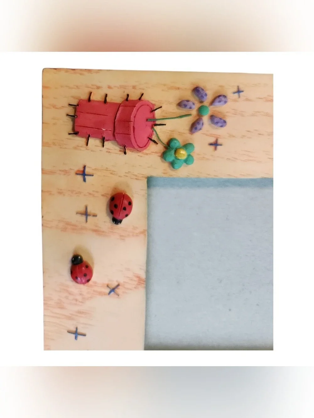 Vintage 90s Russ Picture  Frame Whimsical Rainbow Lady Bugs 2x3.5 Floral Sun